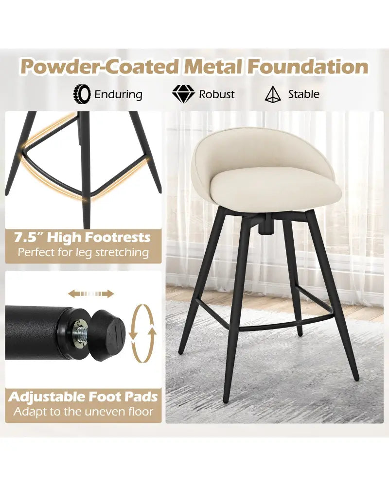 Upholstered Bar Stools Set of 2 with Footrest and Backrest-Beige - Beige - Bar Stools
