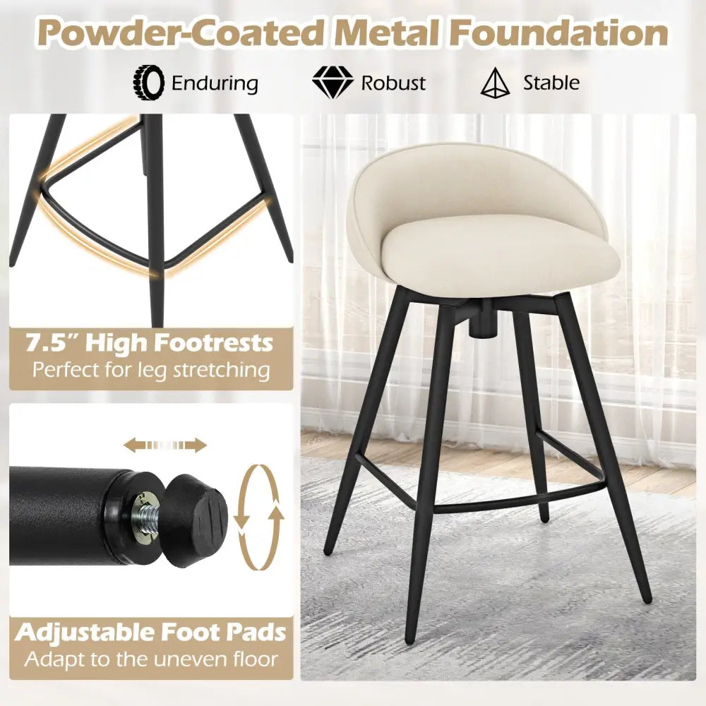 Upholstered Bar Stools Set of 2 with Footrest and Backrest-Beige - Beige - Bar Stools