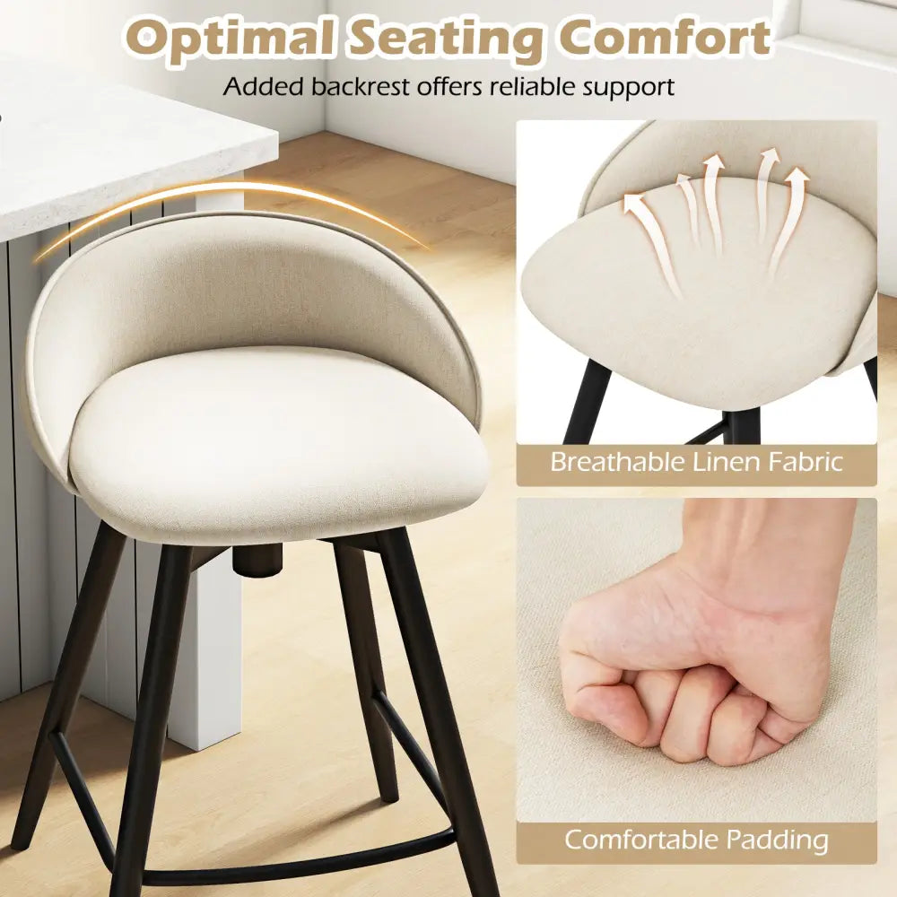 Upholstered Bar Stools Set of 2 with Footrest and Backrest-Beige - Beige - Bar Stools