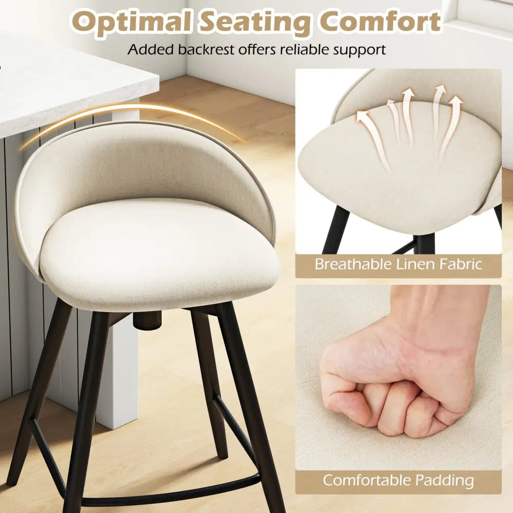 Upholstered Bar Stools Set of 2 with Footrest and Backrest-Beige - Beige - Bar Stools