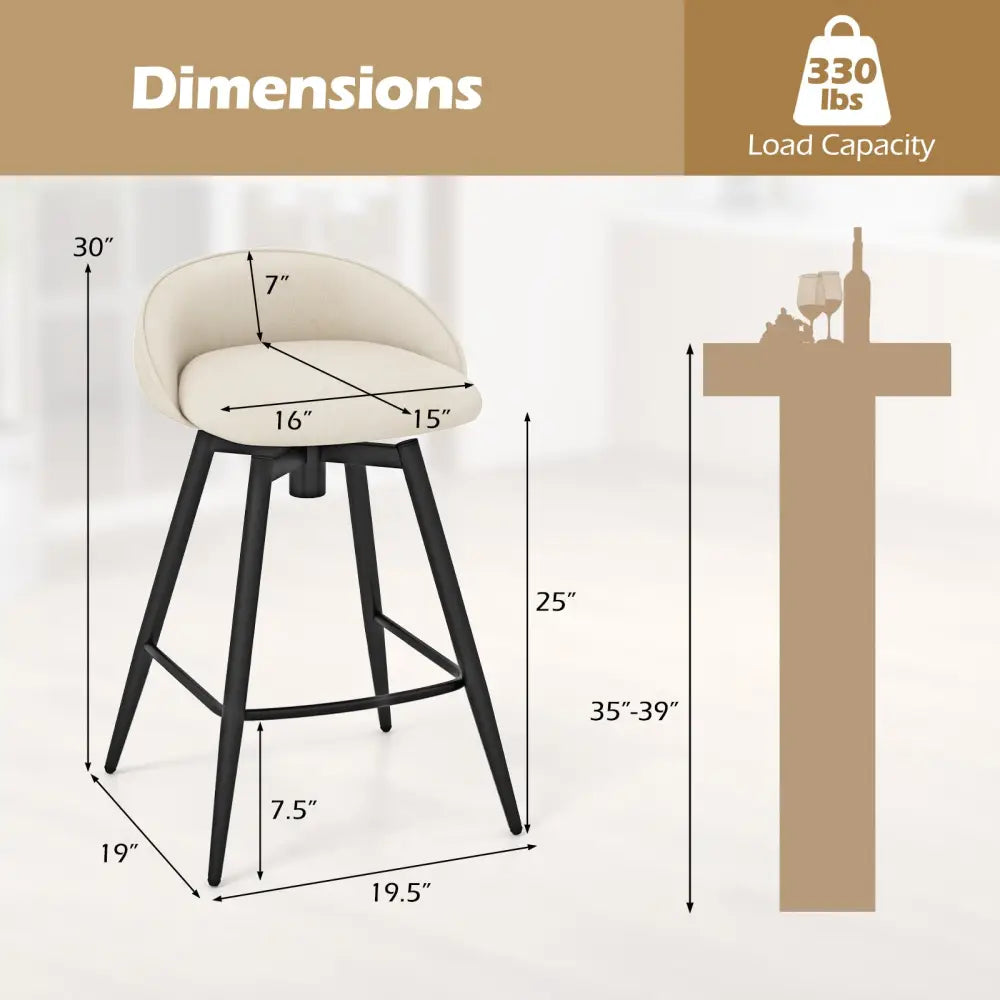 Upholstered Bar Stools Set of 2 with Footrest and Backrest-Beige - Beige - Bar Stools