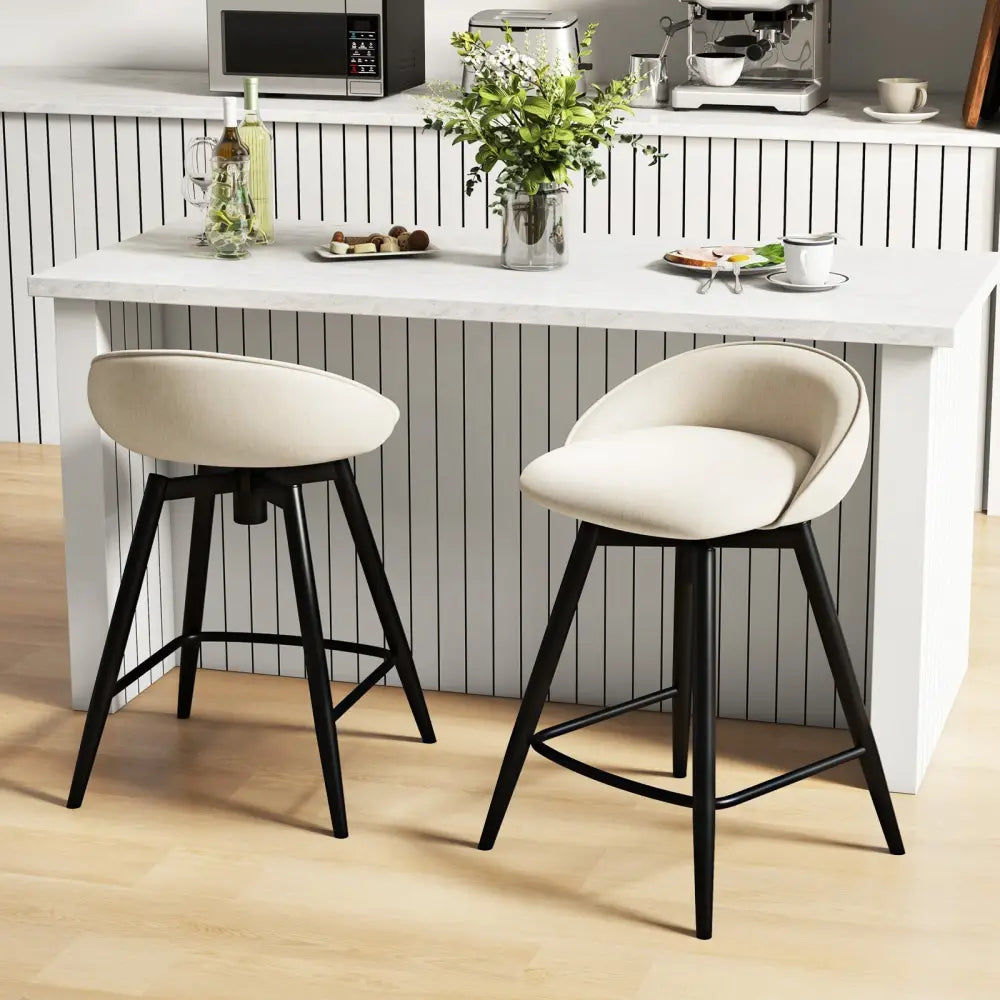 Upholstered Bar Stools Set of 2 with Footrest and Backrest-Beige - Beige - Bar Stools