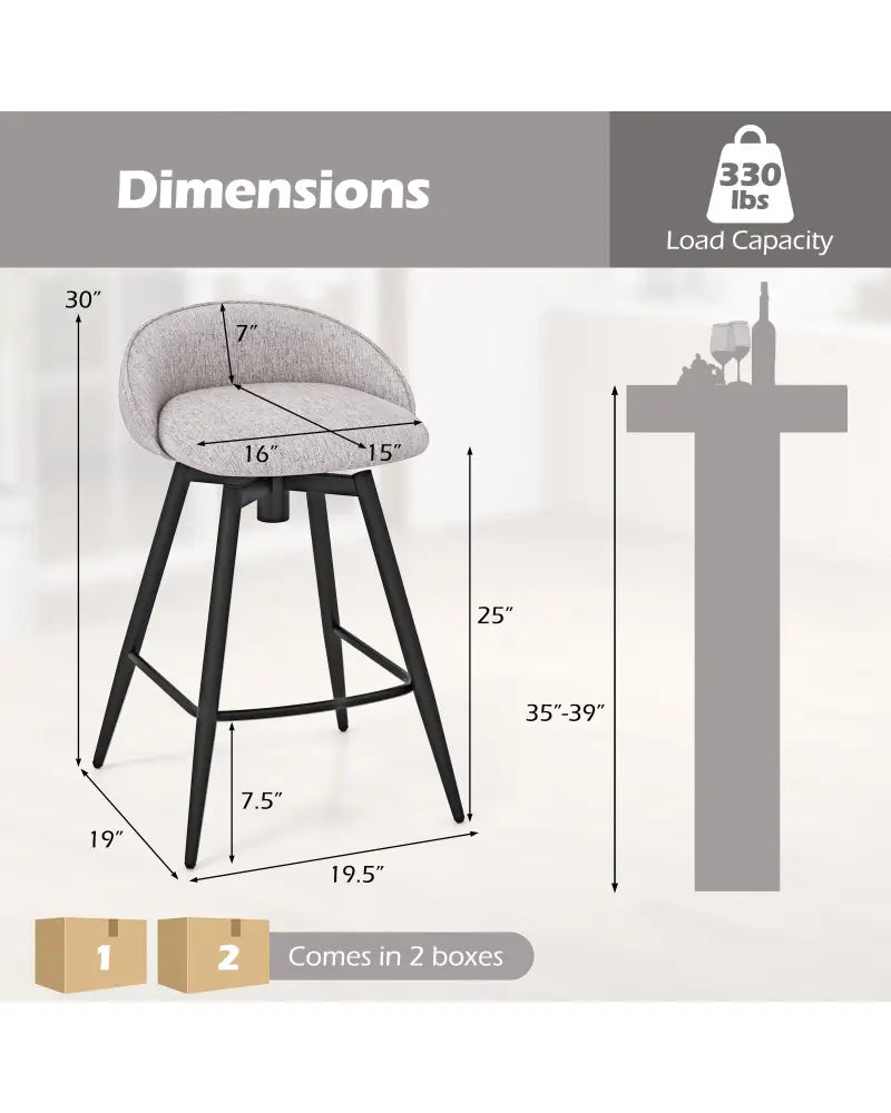 Upholstered Bar Stools Set of 2 with Footrest and Backrest-Gray - Gray - Bar Stools