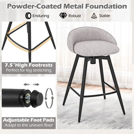 Upholstered Bar Stools Set of 2 with Footrest and Backrest-Gray - Gray - Bar Stools
