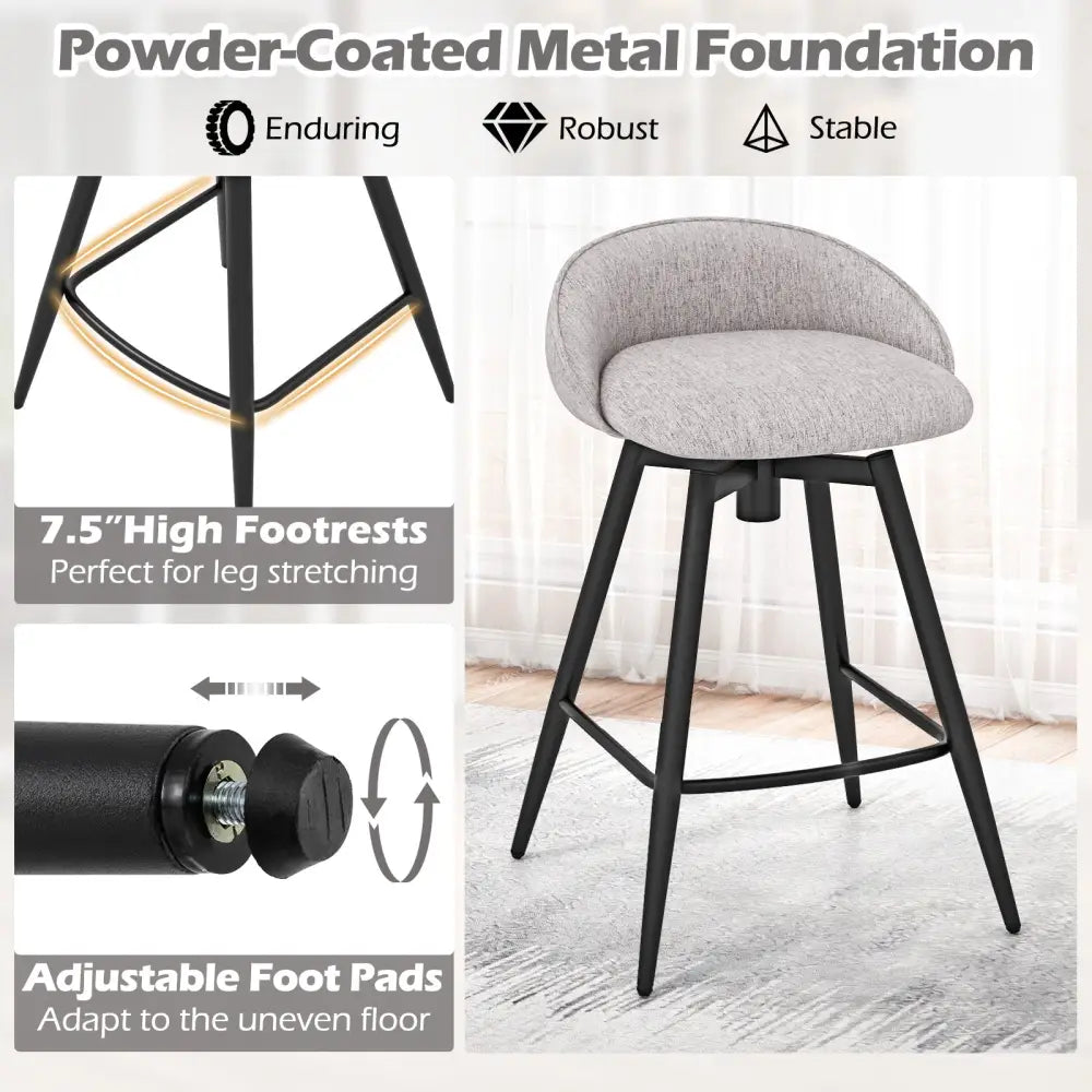 Upholstered Bar Stools Set of 2 with Footrest and Backrest-Gray - Gray - Bar Stools