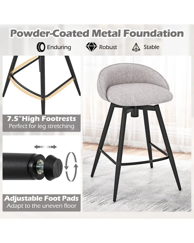 Upholstered Bar Stools Set of 2 with Footrest and Backrest-Gray - Gray - Bar Stools