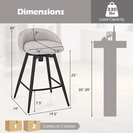 Upholstered Bar Stools Set of 2 with Footrest and Backrest-Gray - Gray - Bar Stools