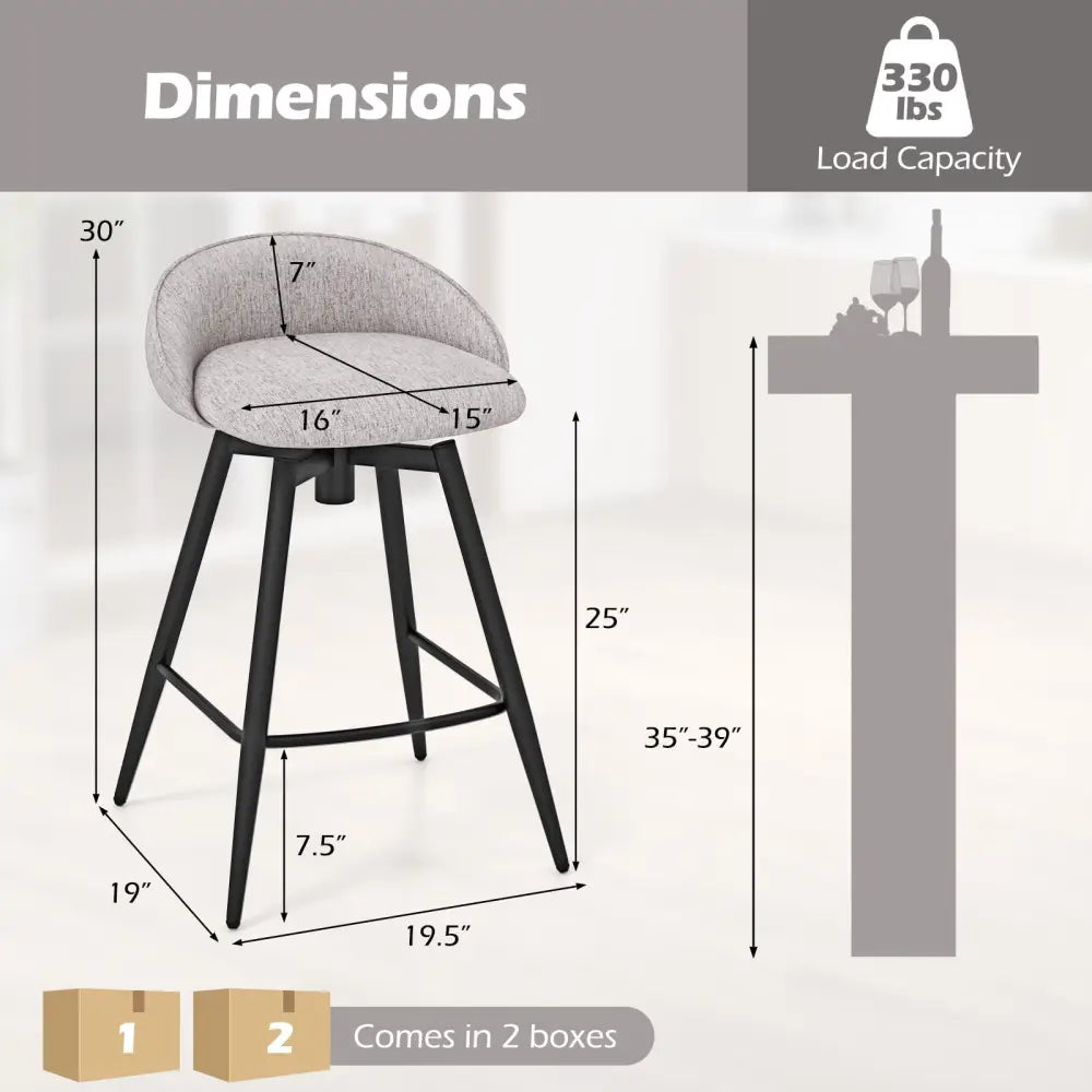 Upholstered Bar Stools Set of 2 with Footrest and Backrest-Gray - Gray - Bar Stools