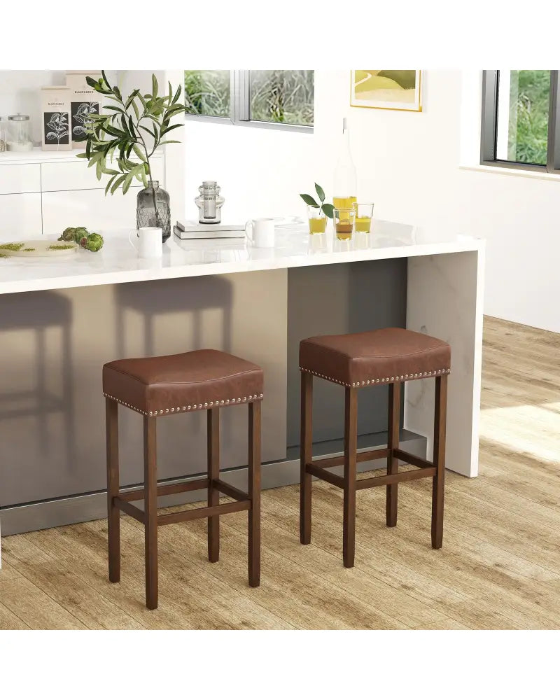 Upholstered Bar Stools Set of 2 with Footrests for Counter-Brown - Brown - Bar Stools