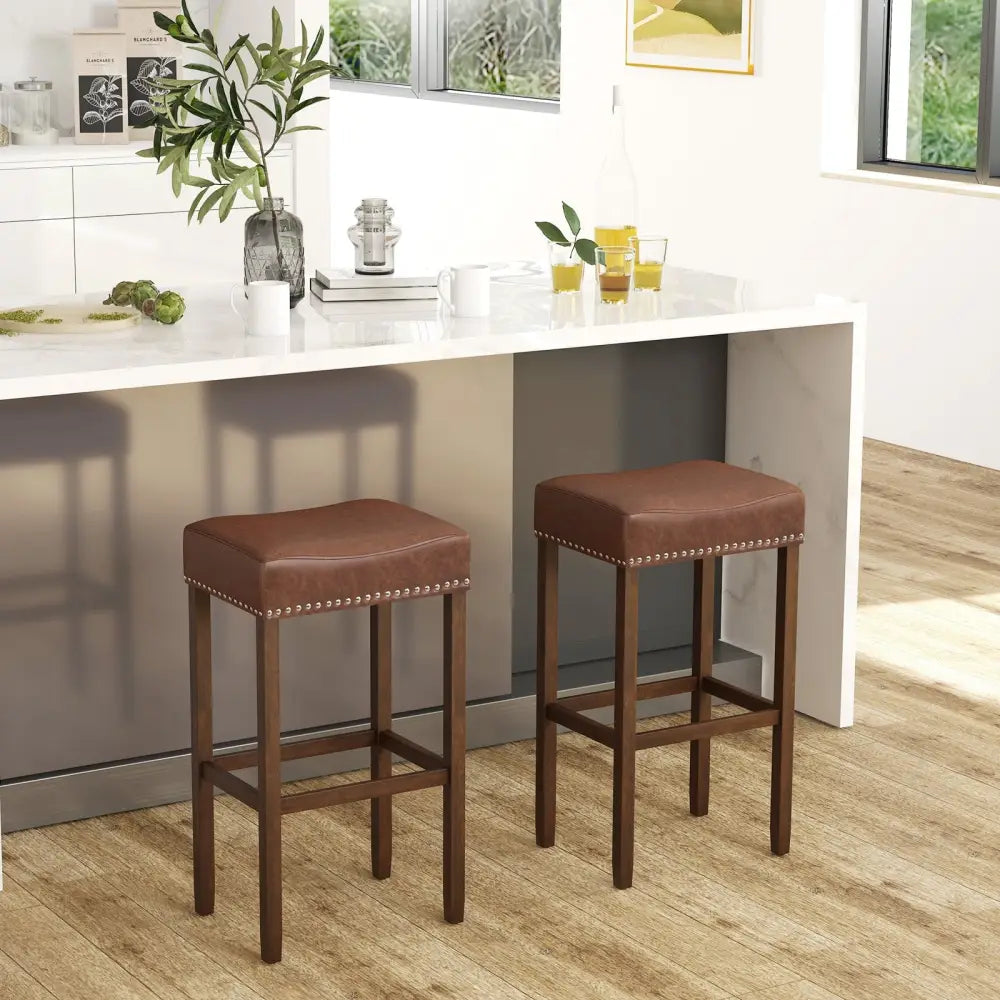 Upholstered Bar Stools Set of 2 with Footrests for Counter-Brown - Brown - Bar Stools