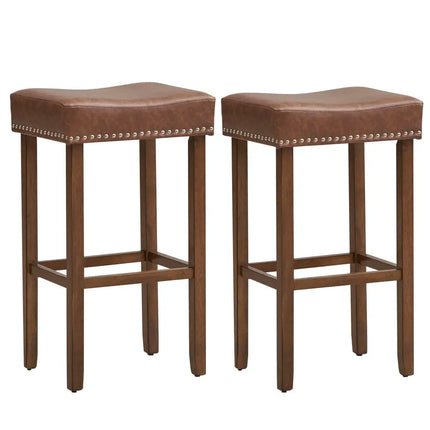 Upholstered Bar Stools Set of 2 with Footrests for Counter-Brown - Brown - Bar Stools