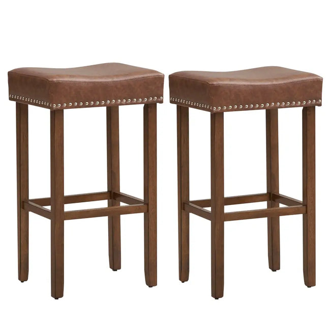 Upholstered Bar Stools Set of 2 with Footrests for Counter-Brown - Brown - Bar Stools