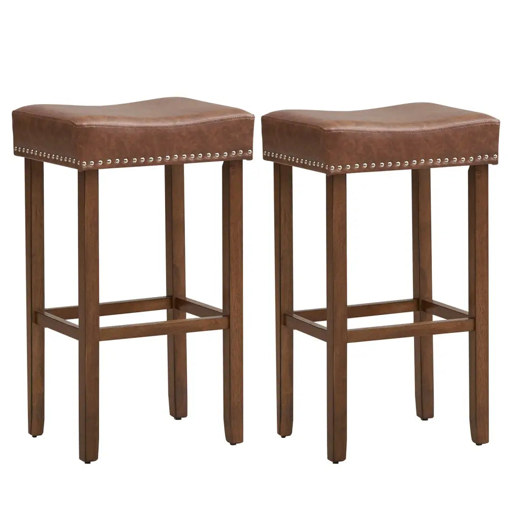 Upholstered Bar Stools Set of 2 with Footrests for Counter-Brown - Brown - Bar Stools