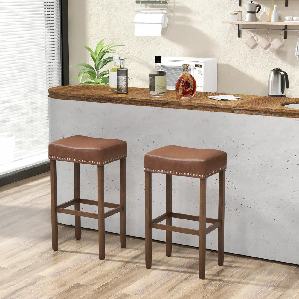 Upholstered Bar Stools Set of 2 with Footrests for Counter-Brown - Brown - Bar Stools