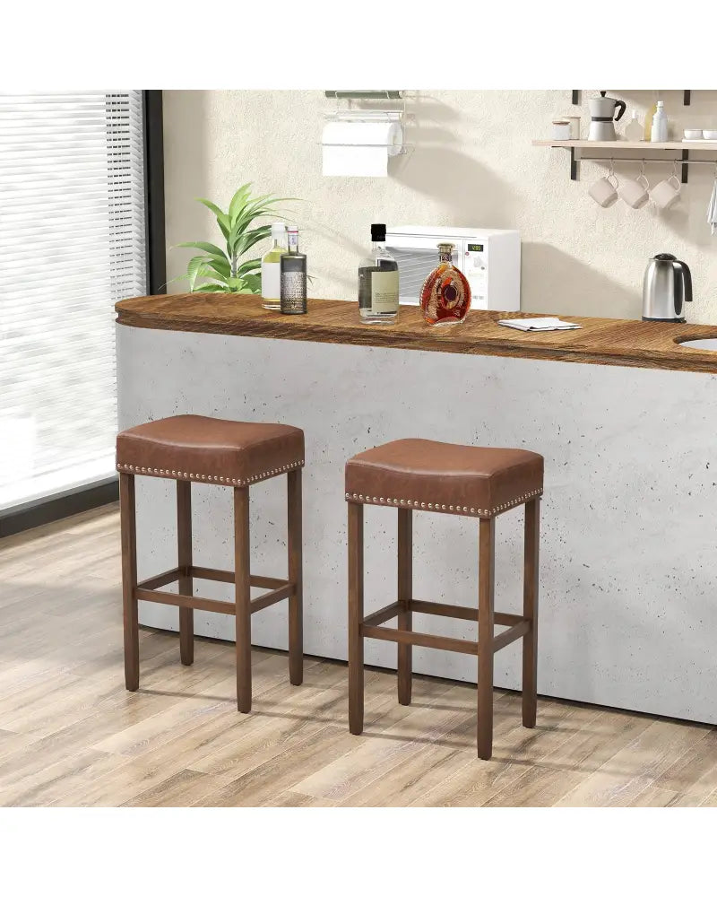 Upholstered Bar Stools Set of 2 with Footrests for Counter-Brown - Brown - Bar Stools