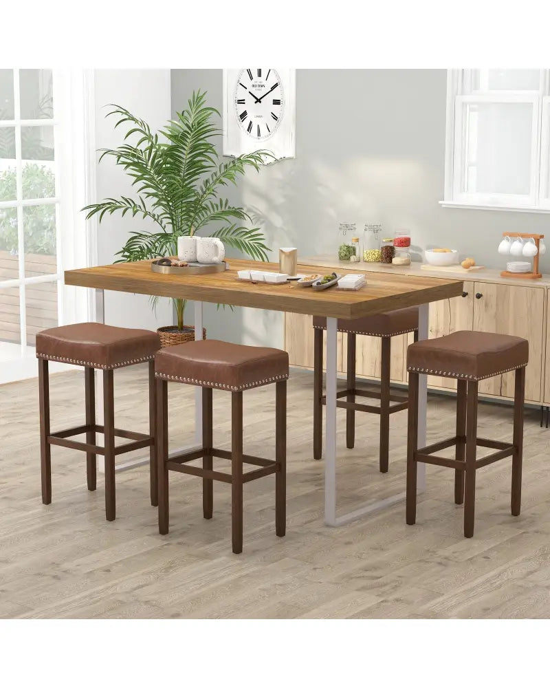 Upholstered Bar Stools Set of 2 with Footrests for Counter-Brown - Brown - Bar Stools