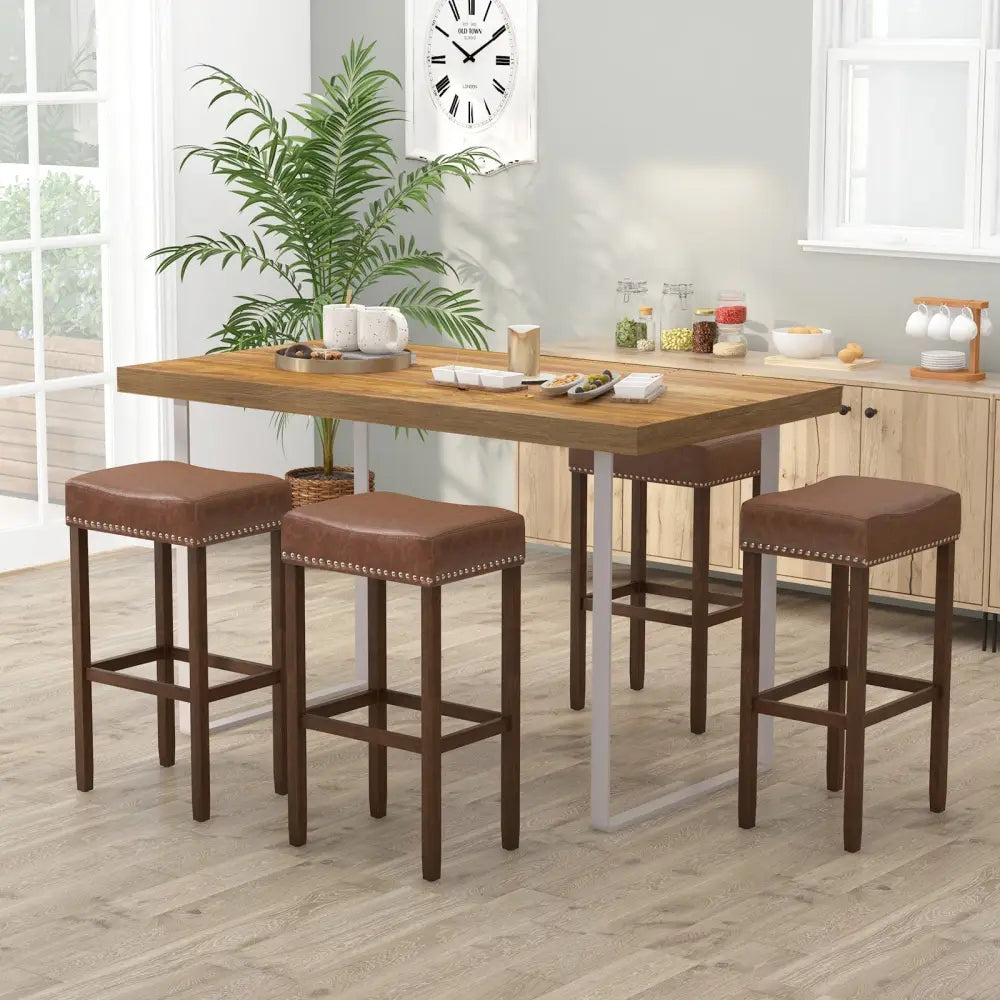 Upholstered Bar Stools Set of 2 with Footrests for Counter-Brown - Brown - Bar Stools