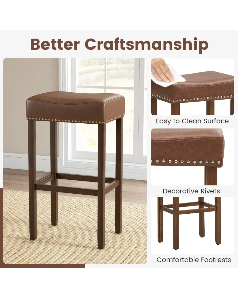 Upholstered Bar Stools Set of 2 with Footrests for Counter-Brown - Brown - Bar Stools