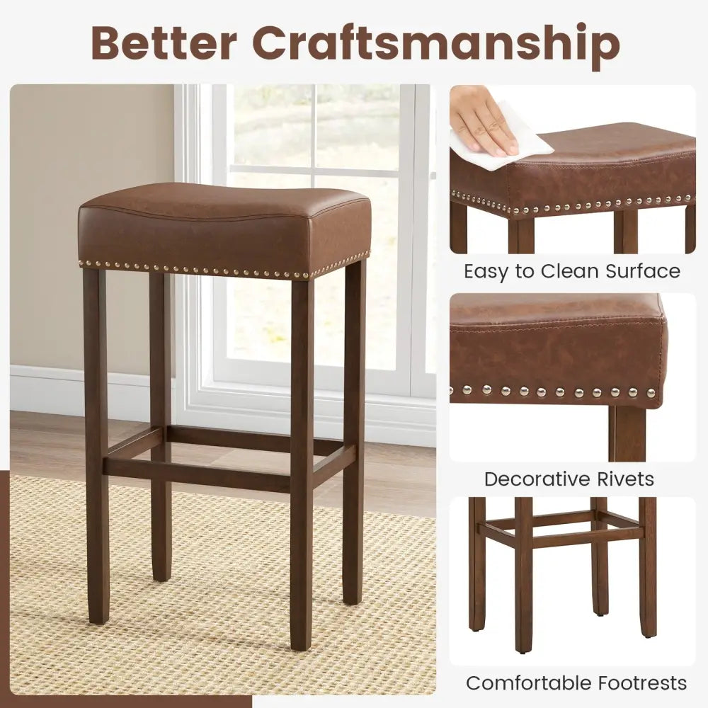 Upholstered Bar Stools Set of 2 with Footrests for Counter-Brown - Brown - Bar Stools