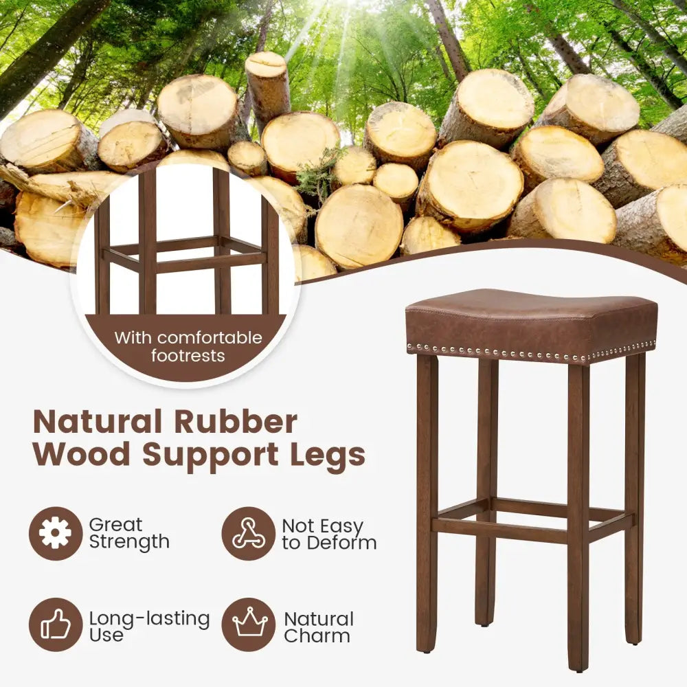 Upholstered Bar Stools Set of 2 with Footrests for Counter-Brown - Brown - Bar Stools