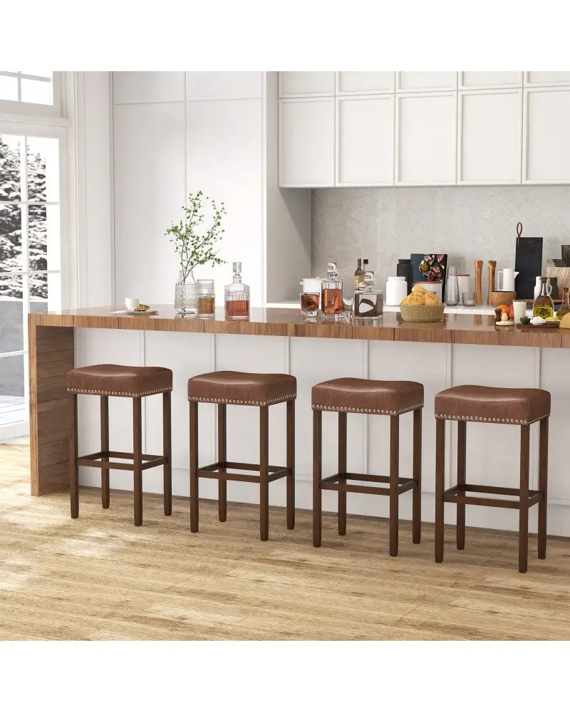 Upholstered Bar Stools Set of 2 with Footrests for Counter-Brown - Brown - Bar Stools