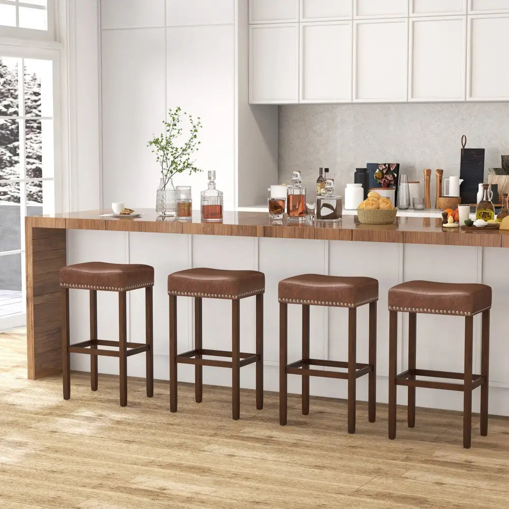 Upholstered Bar Stools Set of 2 with Footrests for Counter-Brown - Brown - Bar Stools