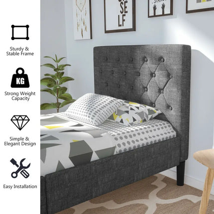 Upholstered Bed Base with Button Stitched Headboard - Black - Simple Bed Frame