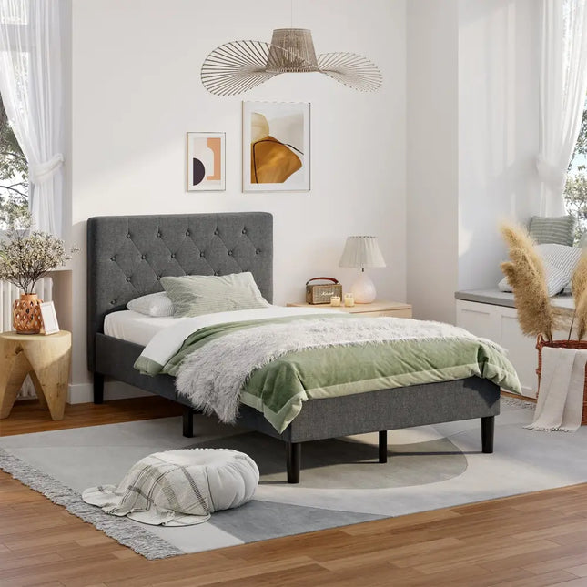 Upholstered Bed Base with Button Stitched Headboard - Black - Simple Bed Frame