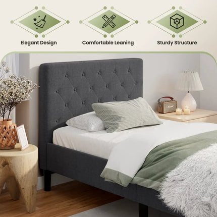 Upholstered Bed Base with Button Stitched Headboard - Black - Simple Bed Frame