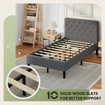 Upholstered Bed Base with Button Stitched Headboard - Black - Simple Bed Frame