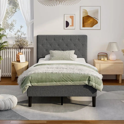Upholstered Bed Base with Button Stitched Headboard - Black - Simple Bed Frame