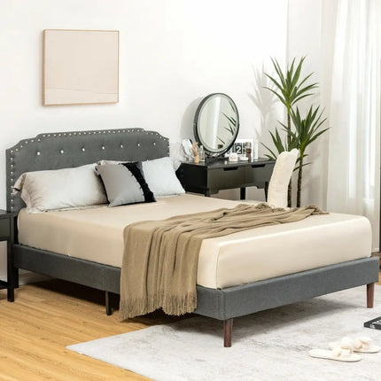 Upholstered Bed Frame with Adjustable Diamond Button Headboard-Full Size - Gray - Simple Bed Frame