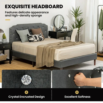 Upholstered Bed Frame with Adjustable Diamond Button Headboard-Full Size - Gray - Simple Bed Frame
