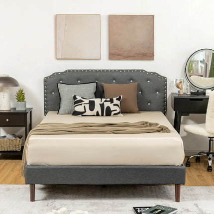 Upholstered Bed Frame with Adjustable Diamond Button Headboard-Full Size - Gray - Simple Bed Frame