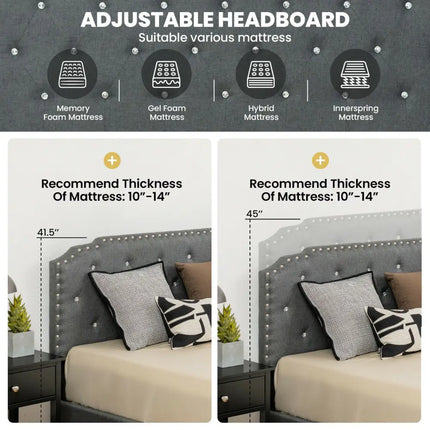 Upholstered Bed Frame with Adjustable Diamond Button Headboard-Full Size - Gray - Simple Bed Frame