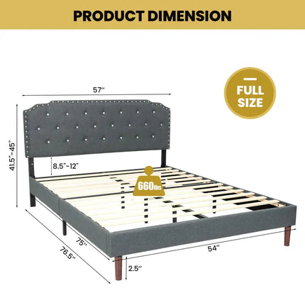 Upholstered Bed Frame with Adjustable Diamond Button Headboard-Full Size - Gray - Simple Bed Frame