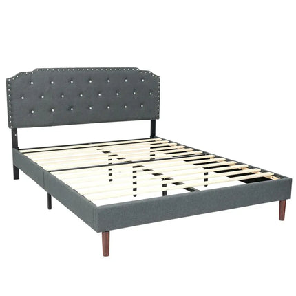 Upholstered Bed Frame with Adjustable Diamond Button Headboard-Full Size - Gray - Simple Bed Frame