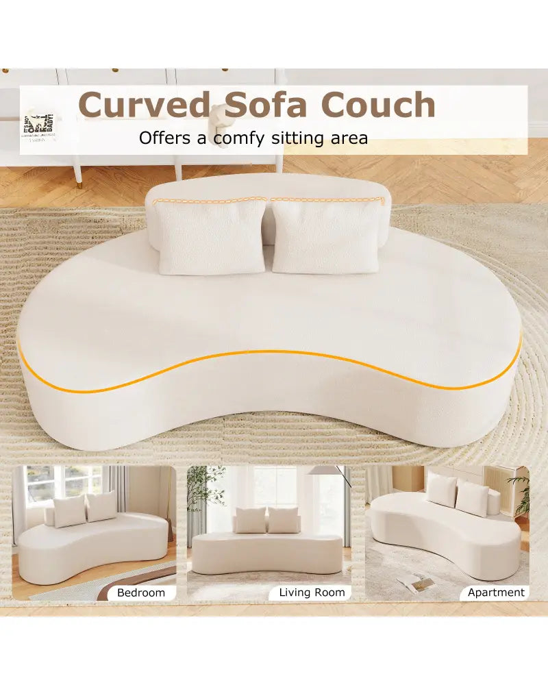 Upholstered Curved Sofa with 2 Cozy Pillows-Beige - Beige - Sofas & Loveseats