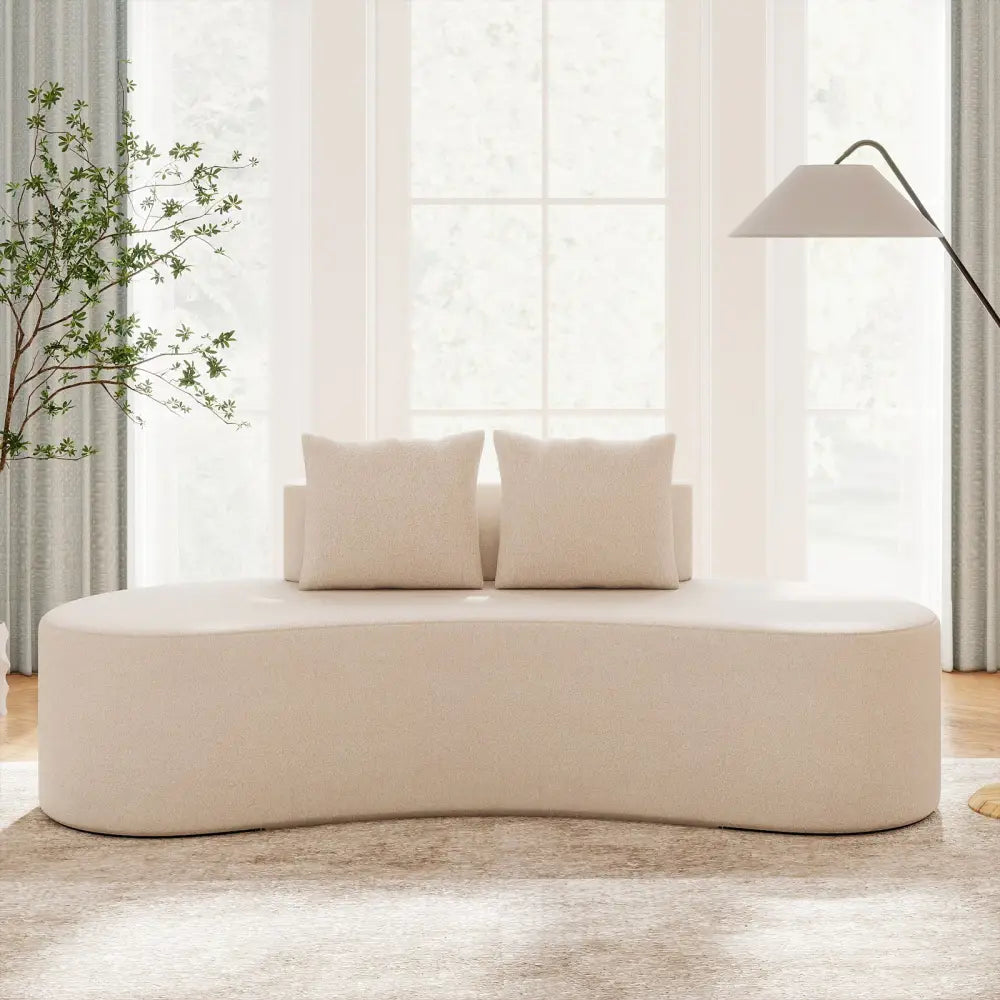 Upholstered Curved Sofa with 2 Cozy Pillows-Beige - Beige - Sofas & Loveseats