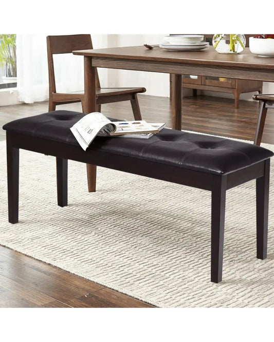 Upholstered Dining Room PU Bench Solid Wood Button Tufted-Brown - Brown - Shoe Racks & Storage Benches