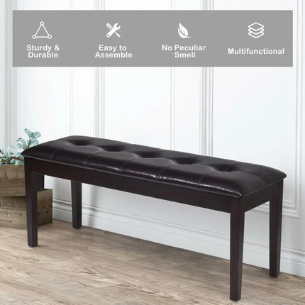 Upholstered Dining Room PU Bench Solid Wood Button Tufted-Brown - Brown - Shoe Racks & Storage Benches