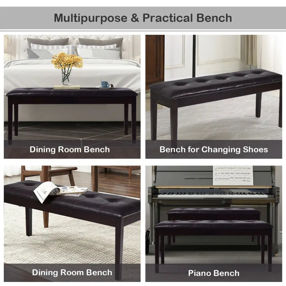 Upholstered Dining Room PU Bench Solid Wood Button Tufted-Brown - Brown - Shoe Racks & Storage Benches