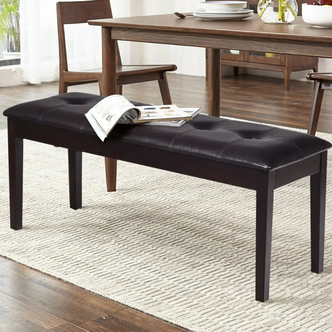Upholstered Dining Room PU Bench Solid Wood Button Tufted-Brown - Brown - Shoe Racks & Storage Benches