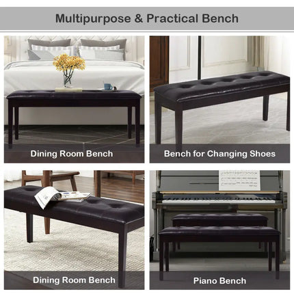 Upholstered Dining Room PU Bench Solid Wood Button Tufted-Brown - Brown - Shoe Racks & Storage Benches