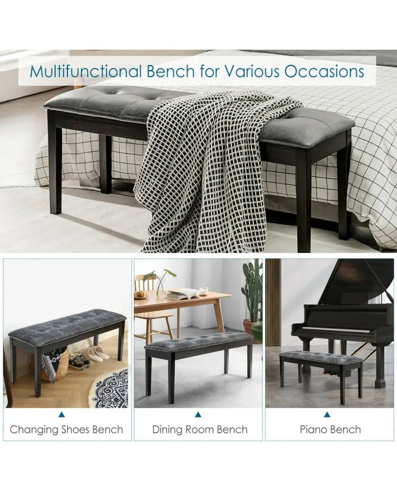 Upholstered Dining Room PU Bench Solid Wood Button Tufted-Gray - Gray - Shoe Racks & Storage Benches