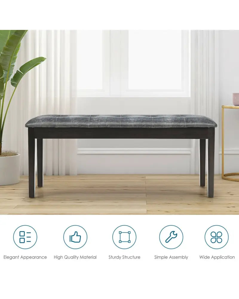 Upholstered Dining Room PU Bench Solid Wood Button Tufted-Gray - Gray - Shoe Racks & Storage Benches