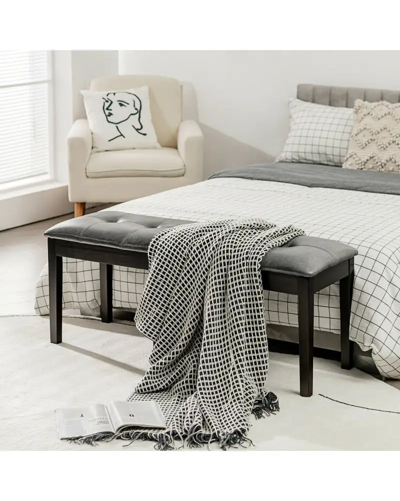 Upholstered Dining Room PU Bench Solid Wood Button Tufted-Gray - Gray - Shoe Racks & Storage Benches