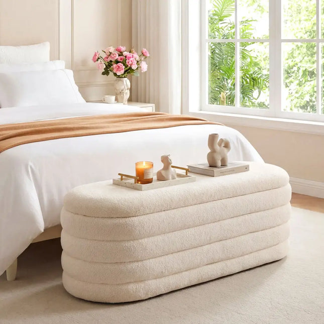 Upholstered Fabric Storage Ottoman Bench for End of Bed with 2 Struts-White - White - Shoe Racks & Storage Benches