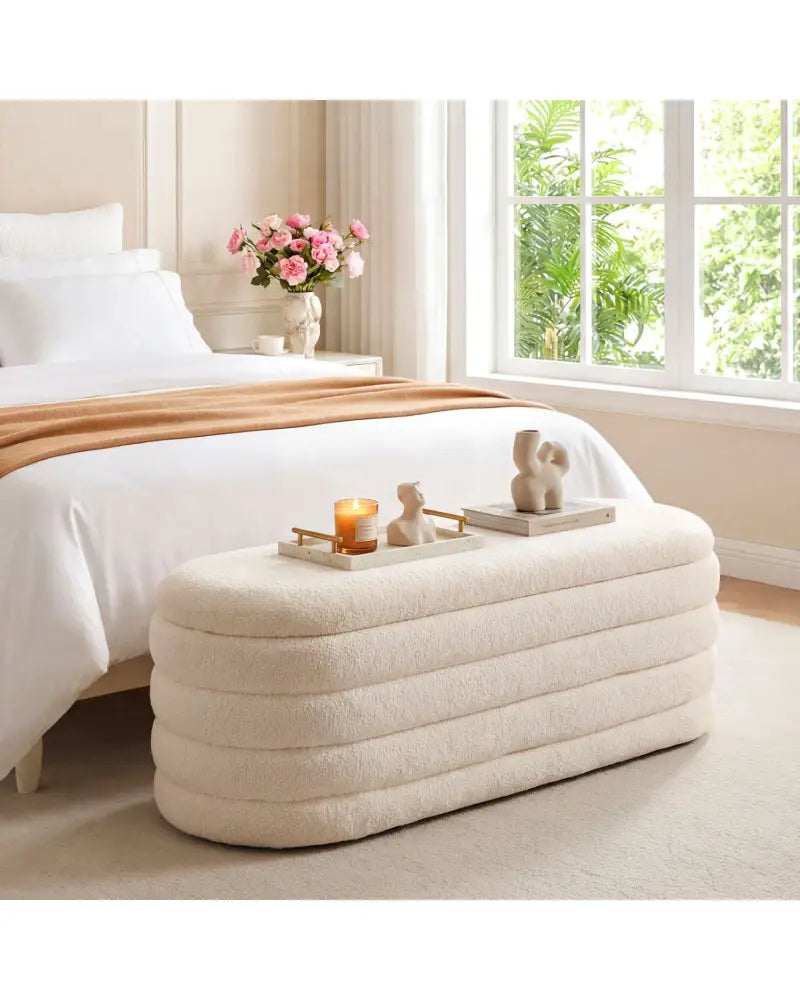 Upholstered Fabric Storage Ottoman Bench for End of Bed with 2 Struts-White - White - Shoe Racks & Storage Benches