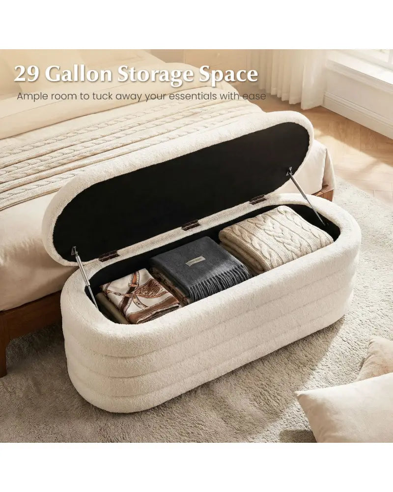 Upholstered Fabric Storage Ottoman Bench for End of Bed with 2 Struts-White - White - Shoe Racks & Storage Benches